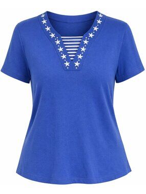 Cathy Daniels Top Large Royal Blue White Stars embroidered patriotic Americana